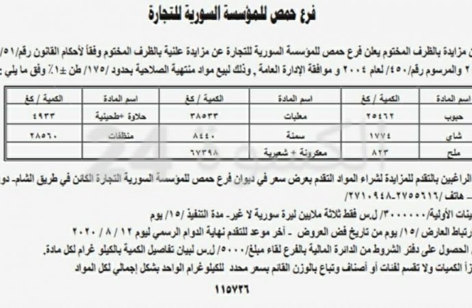 السورية للتجارة تعلن عن مزاد لبيع 175 طن مواد غذائية منتهية الصلاحية بحمص.. ماذا لو تم توزيعها قبل انتهاء صلاحيتها !!؟؟